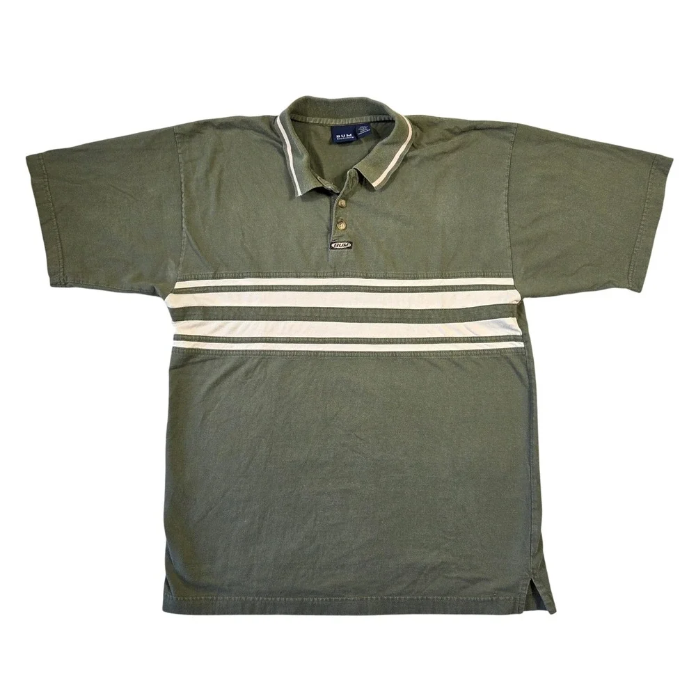 Vintage B.U.M. Equipment Polo Shirt Mens Medium Olive Green Striped 90s Cotton